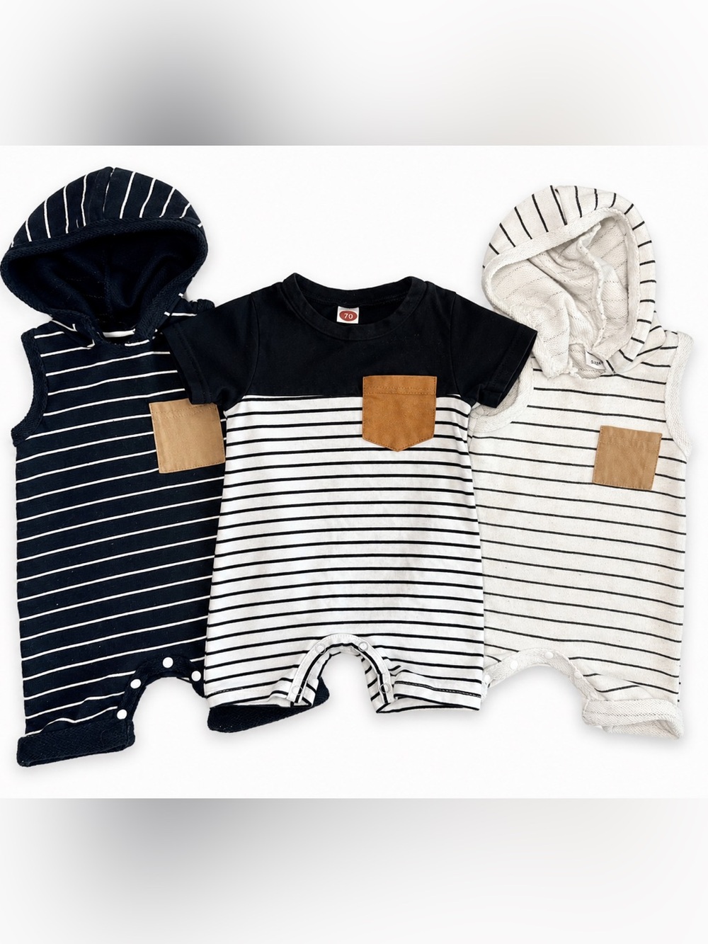 Striped Short-Sleeve Hoodie Baby Rompers Tan Pocket - Black & White -3 Pack